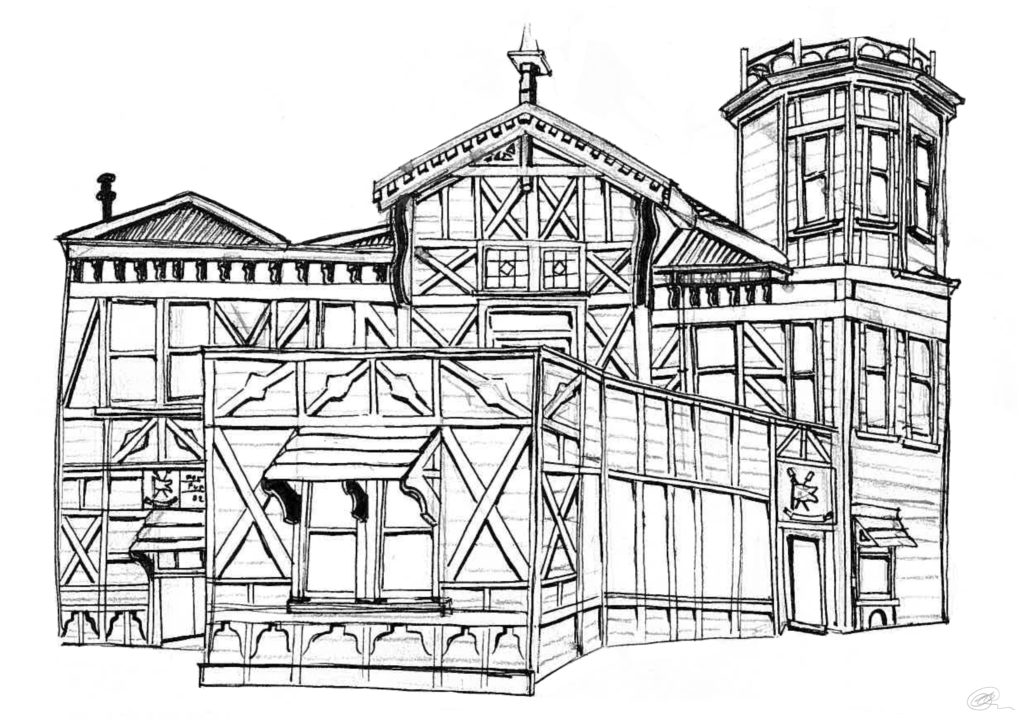 WRC1 Line drawing of a wooden building